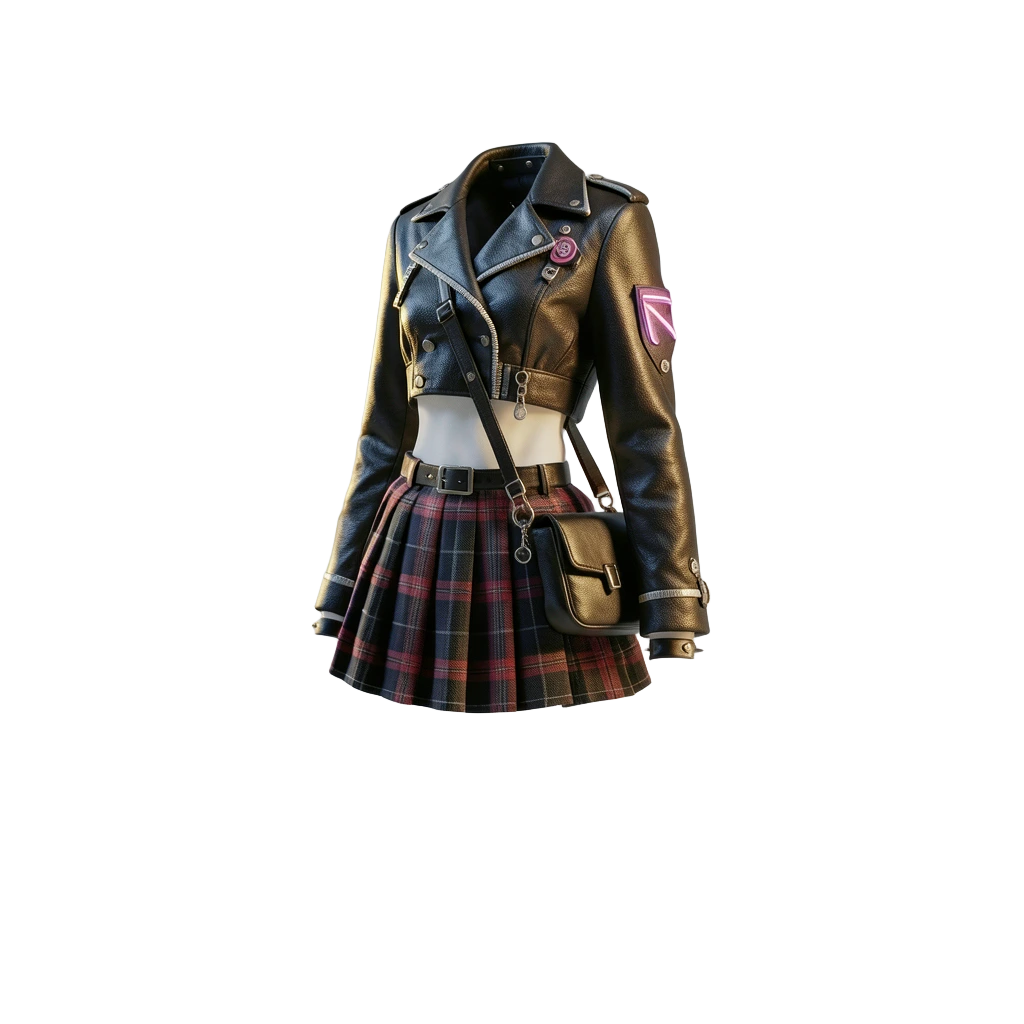 Pink punk look with plaid skirt