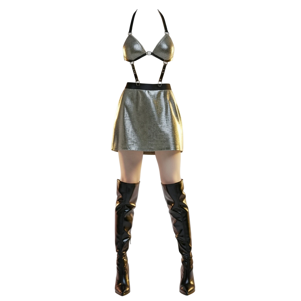 Silver look with mini skirt and thigh boots