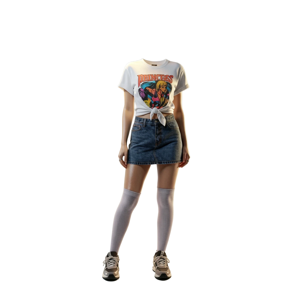 Graphic tee look with denim skirt