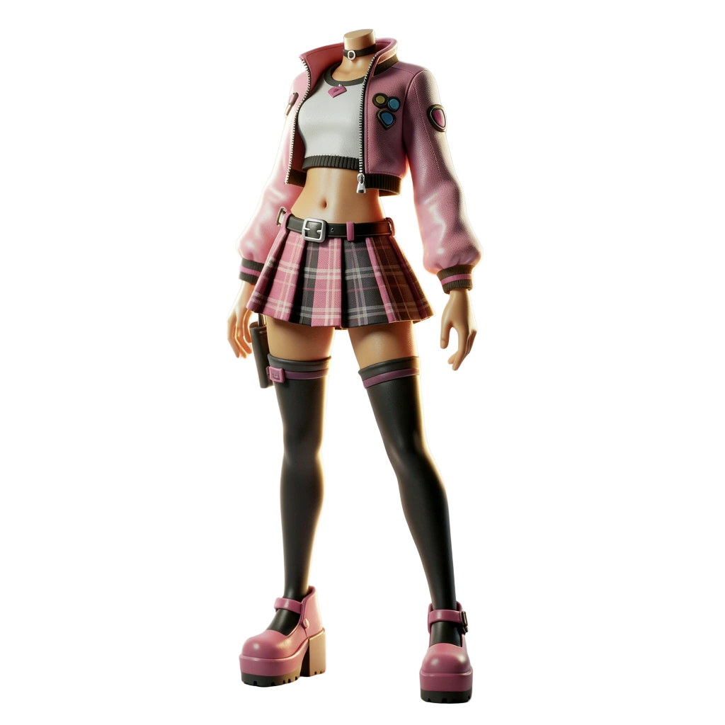 Pink bomber with plaid skirt and stockings