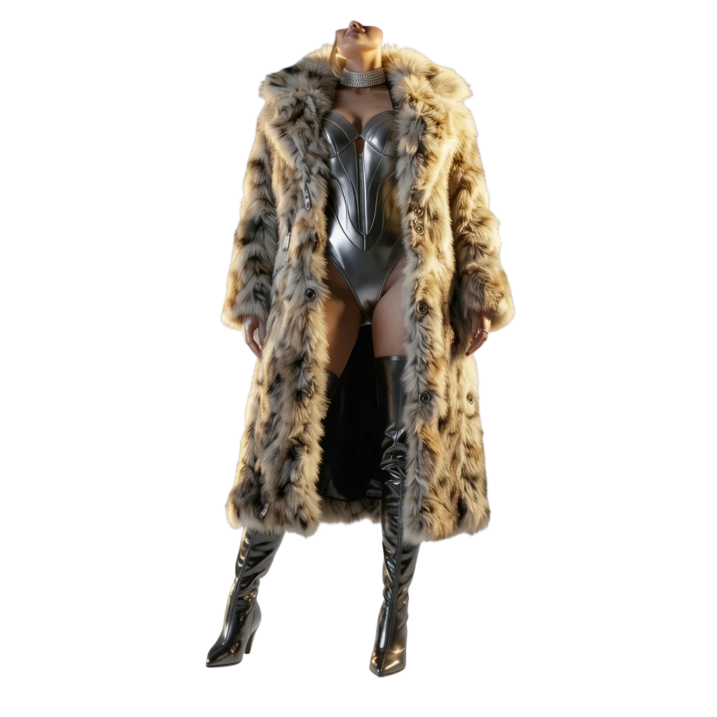 Leopard fur coat look with silver bodysuit
